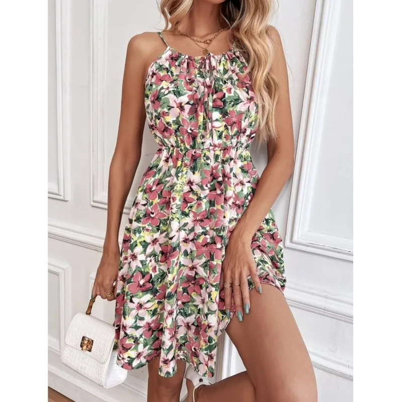 

Floral Print Sexy Short Dress Women Summer Fashion Backless Beach Sundress Casual Sleeveless Lace-up New Spaghetti Dresses 2024