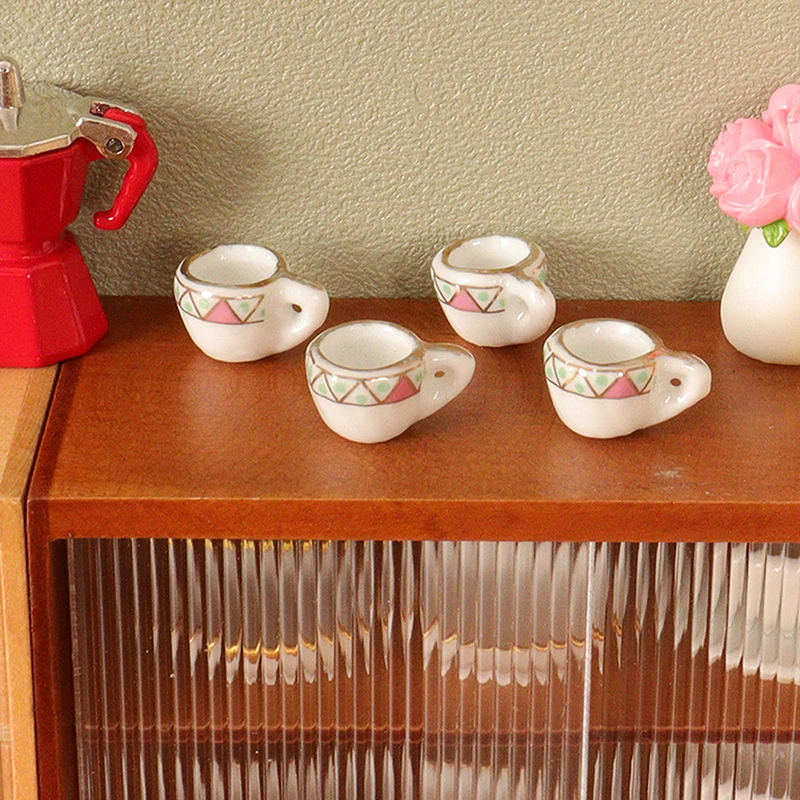 4PCS 1:12 Scale Dollhouse Mini Tableware Ceramic Tea Simulation Miniature Tea Cups Saucers Model Set DIY Dollhouse Decor