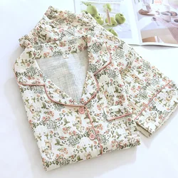 Gauze Floral Print Women's Cotton Pajamas Pyjamas Set For Women Nightie Two-Piece Ladies Long Sleeve Trousers Night Wear