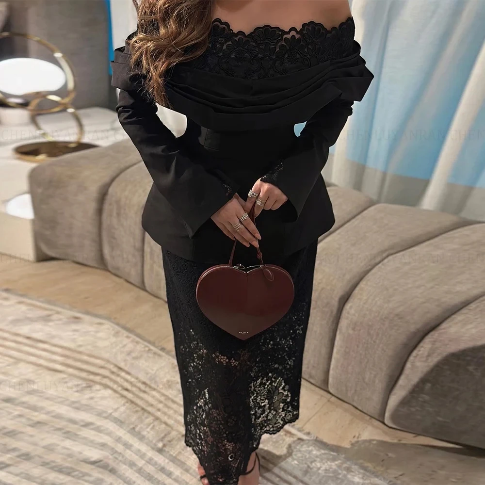 Black Lace Long Sleeves Party Gowns Boat Neck Off Shoulder Sheath Ankle-Length Porm Dresses 2024 Evening Dresses For Women