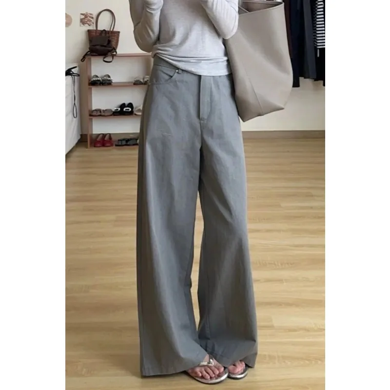 

Women's Gray Ruched Detail Wide Leg Pants Loose Fit Casual Trousers