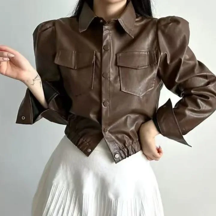 Chic Autumn Winter ort Pure Color Long Sve Retro Lapel Single Button Double ket Leather Jaet Casual Sle Youth Out...