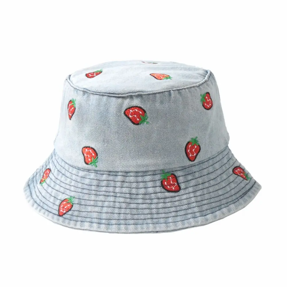 Watermelon Strawberry Embroidered Denim Bucket Hat Butterfly Pattern Wide Brim Denim Fisherman Hat Beach Hat Spring and Summer
