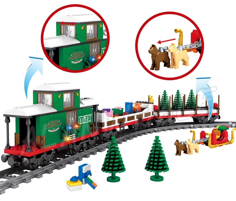 592pcs Creative Winter Holiday Green Cargo Gift Train Snow Sledge Tree 25828 Building Block Toys Compatible With Model