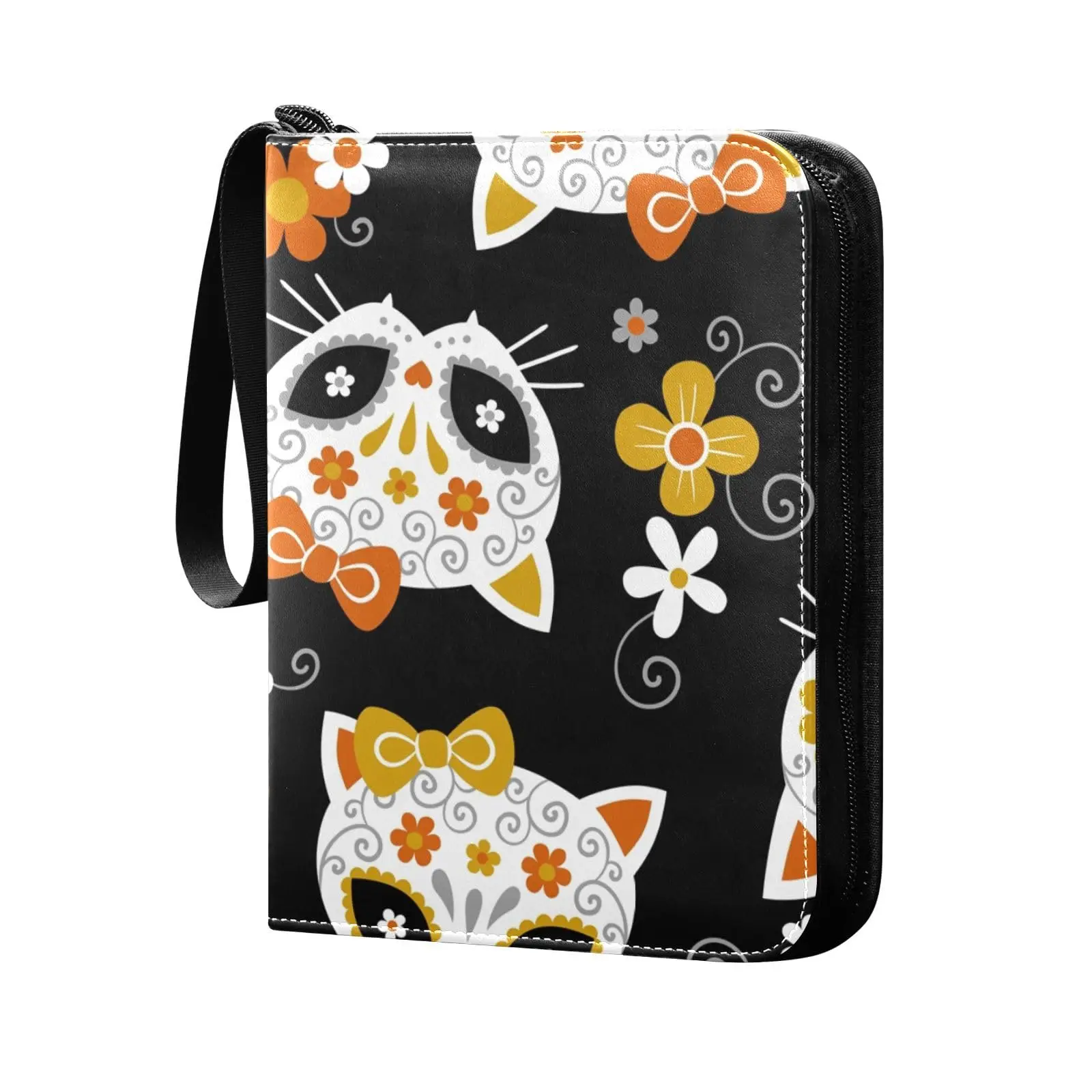 Cat Skulls Flowers 4 Pocket Card Binder, 400 Double Sided Pocket Album for Sport Game Cards, Unique Card Collection Storage