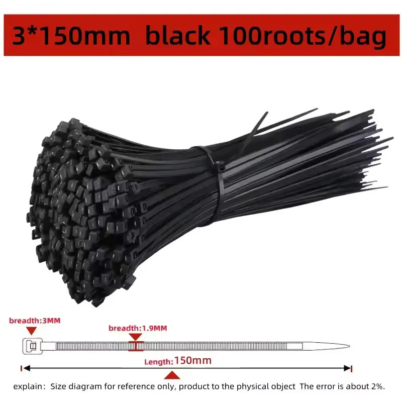 100 STUKS Zelfsluitende Plastic Nylon Tie Zwarte Bevestigingsband Kabelbinder-Set Kabel Zip Tie Bevestigingsring Zip Wraps Strap Tie