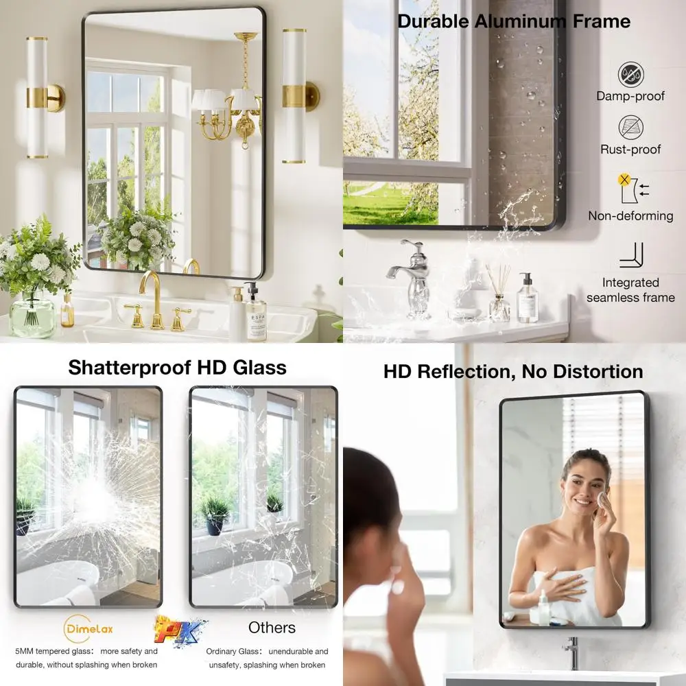 

Large 24x36 Inch Black Metal Framed Vanity Mirror, Rounded Rectangle Wall Mount Bathroom Mirror, High Definition Tempered Glass,