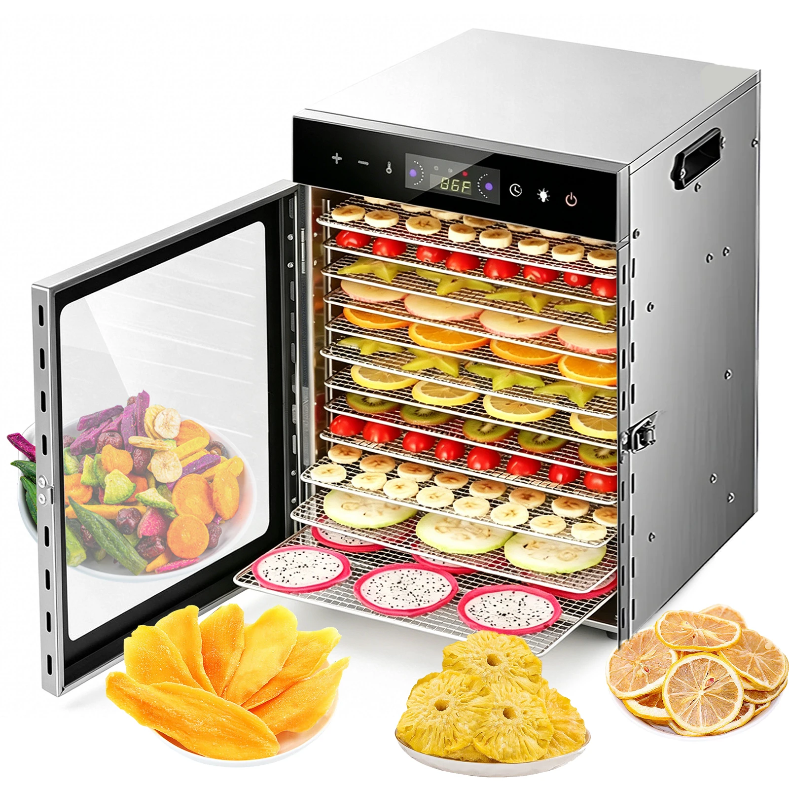 Suszarka do owoców z 12 warstwami i 24-godzinnym timerem, dehydrator do żywności i mięsa suszonego z timerem 24-godzinnym i oświetleniem, stojak do suszenia 800W 30-90 ℃ Suszarka do warzyw i owoców