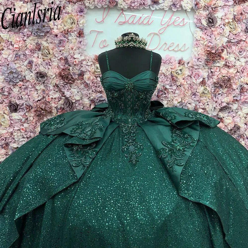 

Blackish Green Glitter Sequined Beading Quinceanera Dresses Ball Gown Appliques Lace Ruffles Bow Sweet 15 Años Mexican