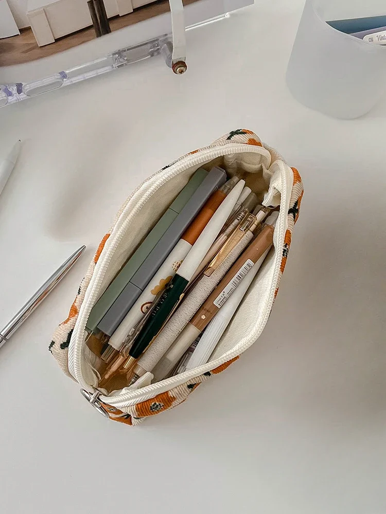1Pcs Corduroy Pencil Case Vintage Floral Grid Aesthetic Student Stationery Storage Pouch Multi-purpose Cosmetic Bag