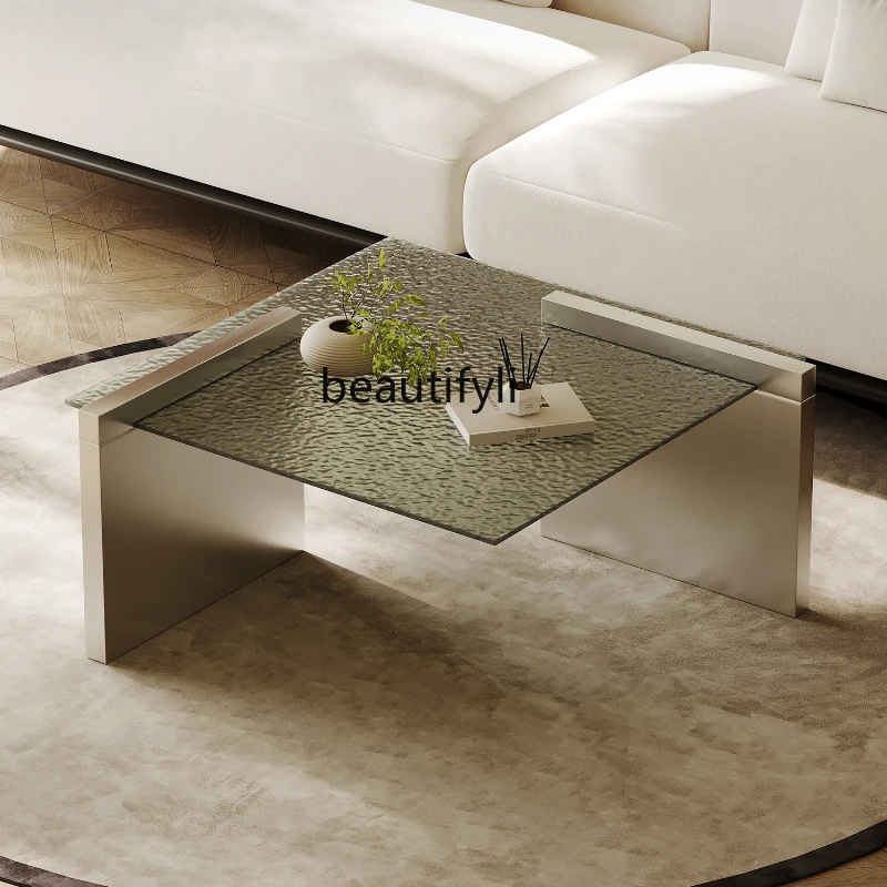 

Square coffee table stainless steel light luxury water corrugated glass living room home modern and simple