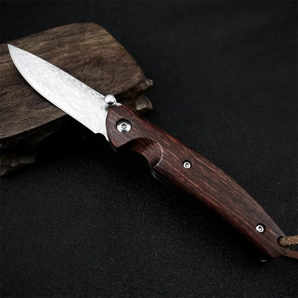 Real Damascus Steel Folding Tactical Combat Knife Pocket Knives Wood Handle Utility Survival Outdoor Hunting Tools EDC