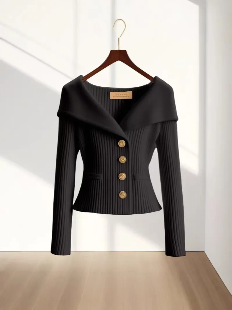 

Autumn Winter Women's Sweater Knitwear 2024 New Fashion Loose Casual Cardigan Button Turndown Collar Blue Outerwear Female