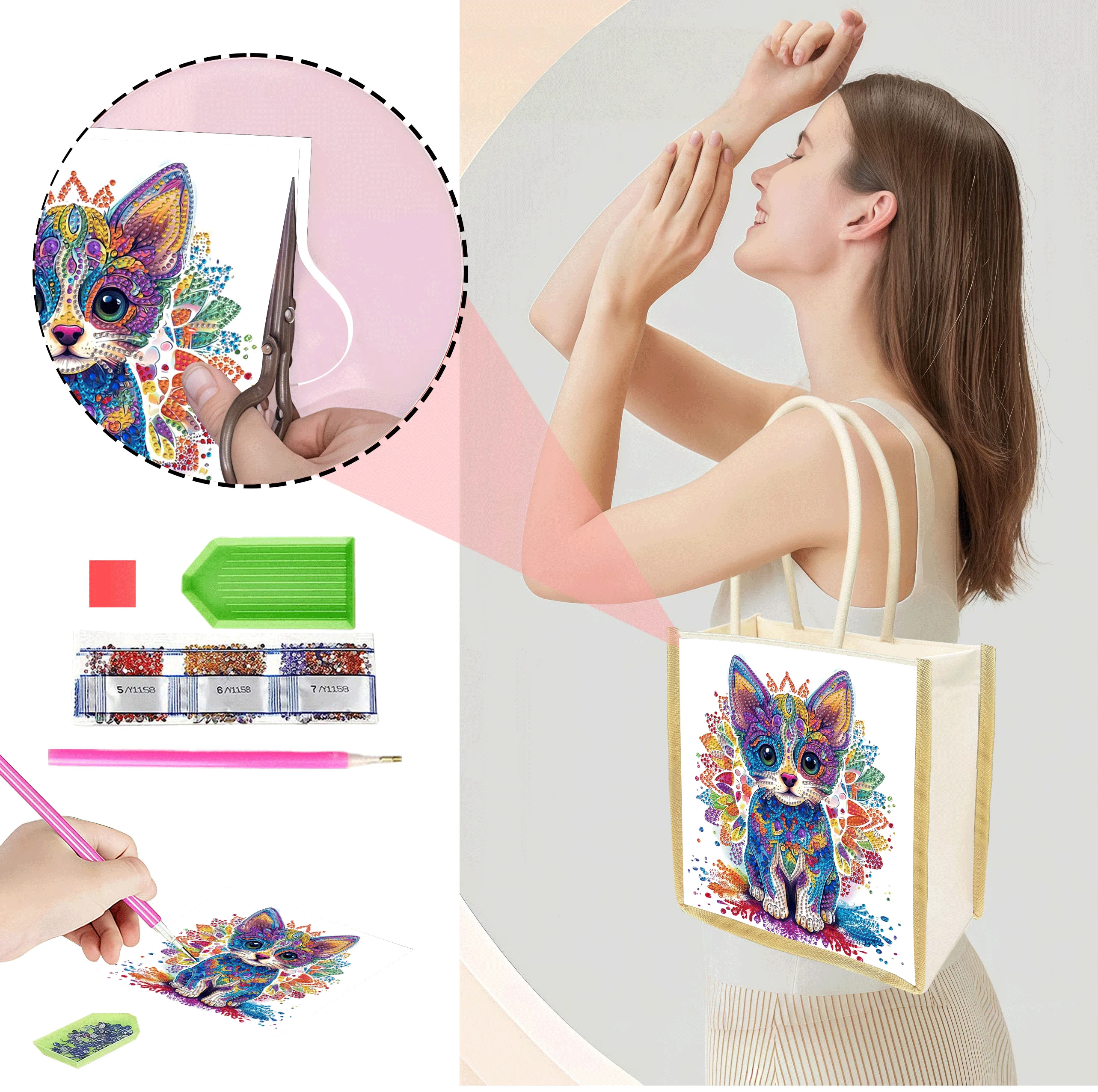 1 Piece of Diamond Painting tote bag, puppy Pattern, canvas Material, Replaceable pattern, Handmade Creative gift for girls