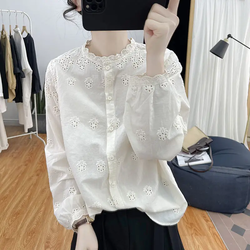 

2024 Spring Autumn Women New Cotton Long Sleeve Shirt Female Round Neck Loose Shirts Ladies Single-breasted Casual Blouses J142