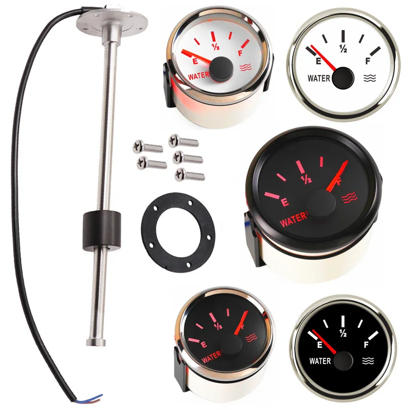 

0-190ohm Auto or Boat Water Level Gauges 52mm with 100 150 200 250 300 350 450mm Water Level Sensors Sending Unit Red Backlight