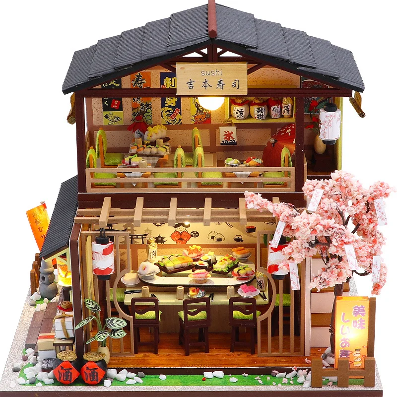 Maison de beurre en bois avec meubles pour filles, kit de construction l'inventaire, maison de courses, sushi japonais, barbecue, jouets légers, cadeaux de bricolage