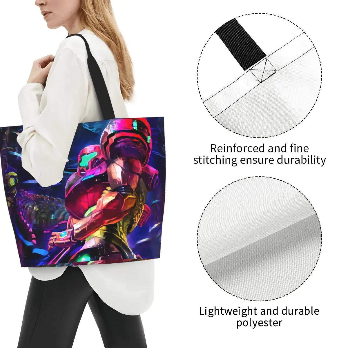 Metroid Samus Aran Metroid Classic Shopping Tote Bag Canvas Large Capacity Shoulder Bags Shopper Grocery Handbag for Women