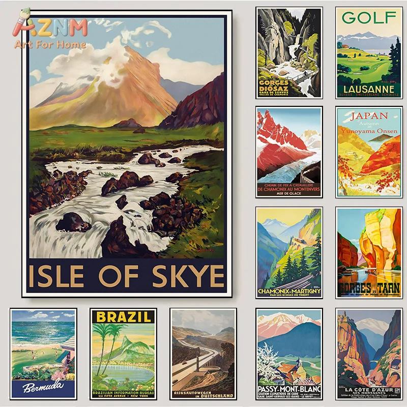AZNM Vintage World Travel Landscape Canvas Poster Frameless Wall Art Isle of Skye Alps Brazil Japan Retro Scenic Tourism Print F