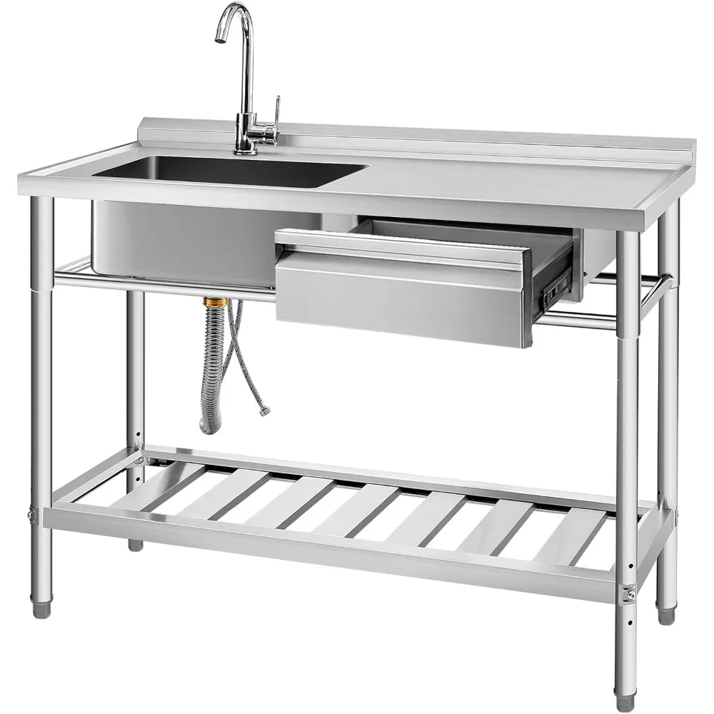 

Универсальная мойка из нержавеющей стали 304, коммерческая кухонная мойка, отдельно стоящая раковина с одной чашей 47,2 дюйма с выдвижным ящиком, холодной и горячей водой