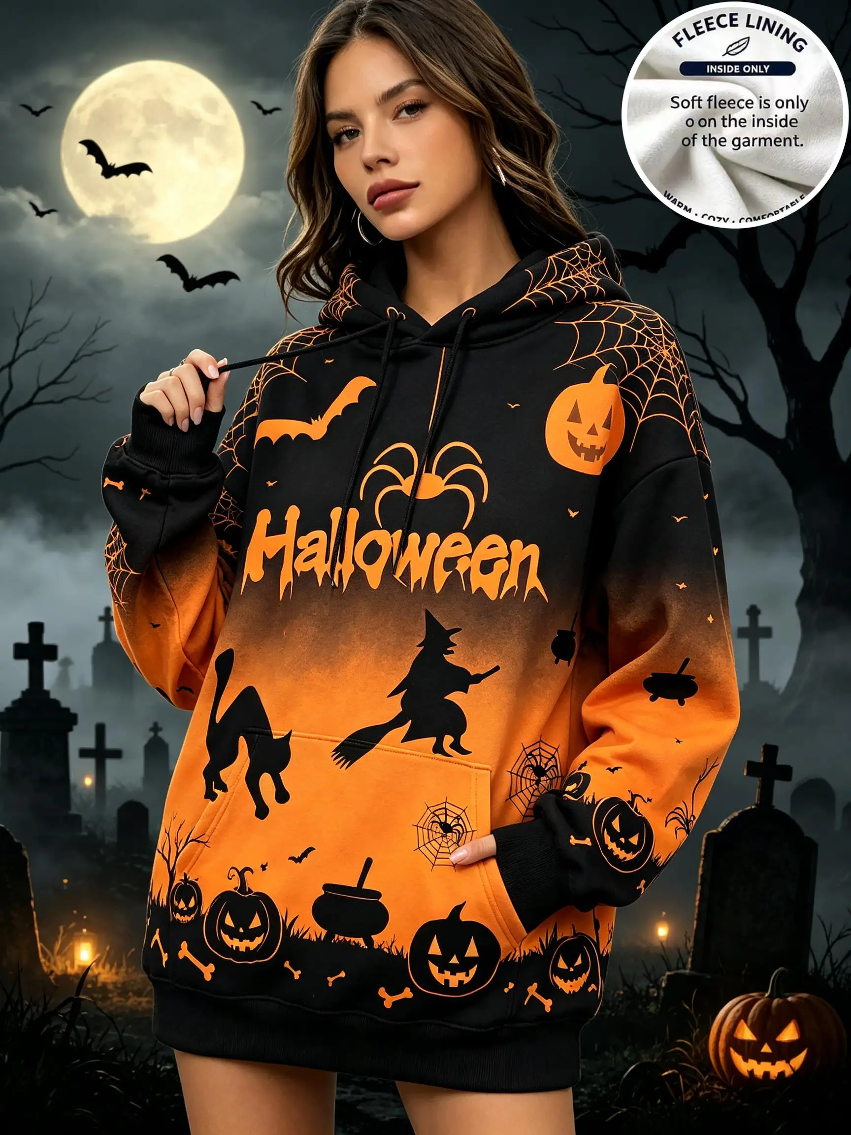 Women Gradient Halloween Witch Pumpkin Print Hoodie Warm Fleece Lined Drawstring Pocket Long Sleeve Pullover Sweatshirt