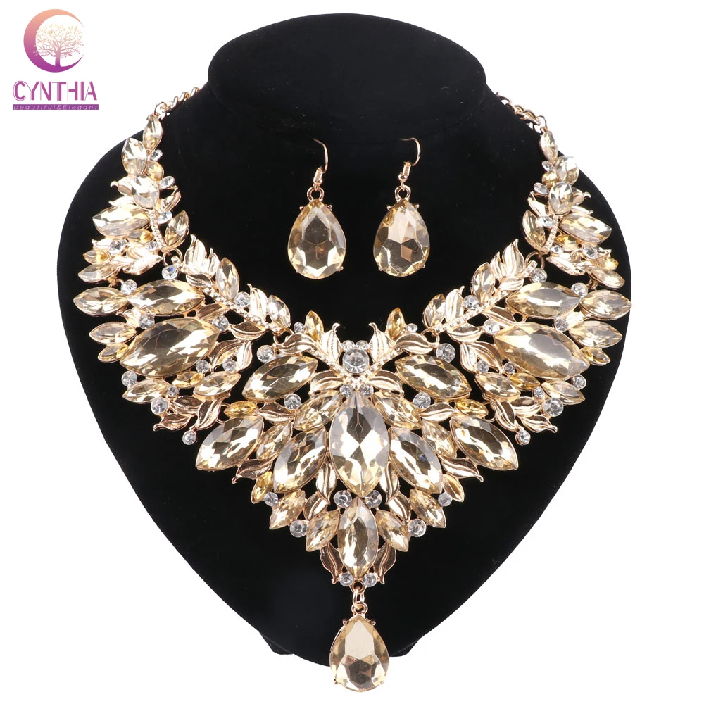 CYNTHIA Crystal Rhinestone Women Jewelry Sets Bridal Wedding And Party Dress Leaves Shape Necklace Earrings