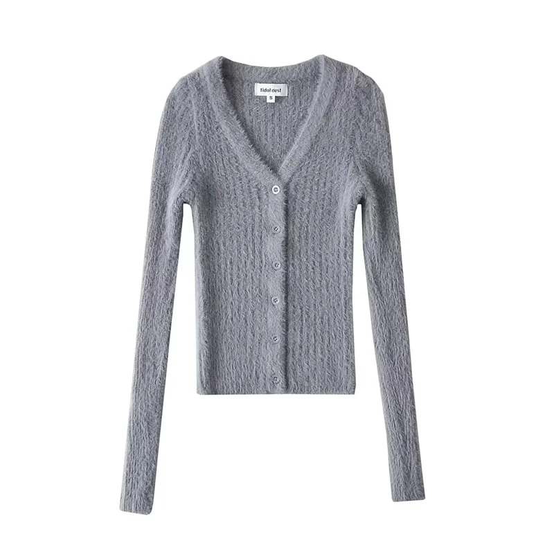 Haut rétro américain v-ne en fausse fourrure à bouton unique, doux ort Svel, couleur Pure, tricoté, coupe cintrée, Long Sve pour femmes