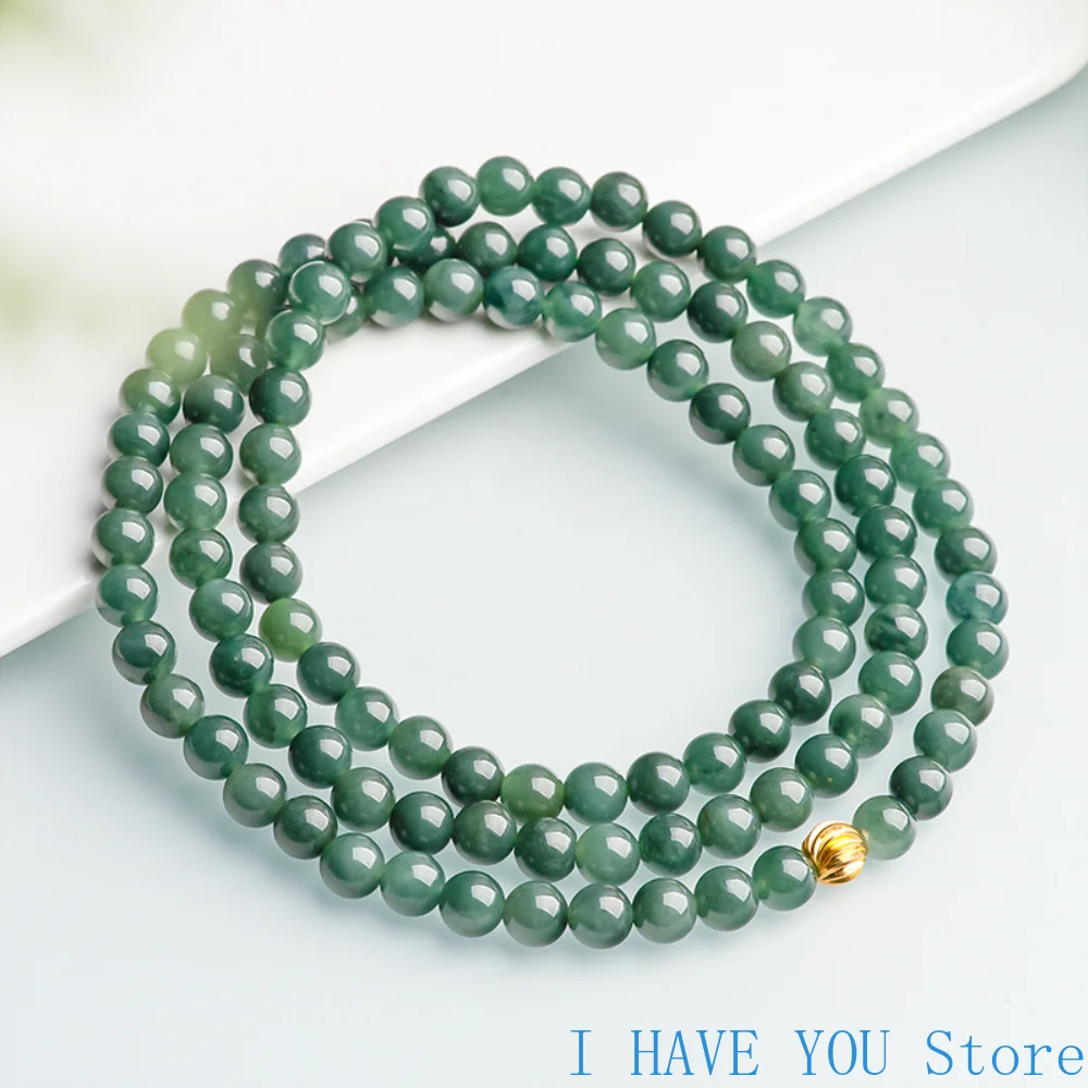 Natural Genuine Myanmar A-grade Jade Necklace 7.5mm Deep Oil Blue Jade Bead Necklace Ice Jade Necklace