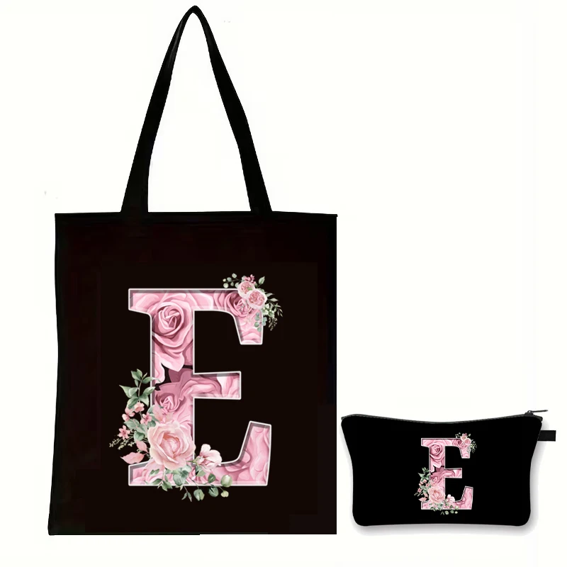

Винтажная холщовая сумка-тоут с цветочным алфавитным принтом + косметичка, набор из 2 предметов, женская многоразовая сумка с буквами, подарочный набор для учителей
