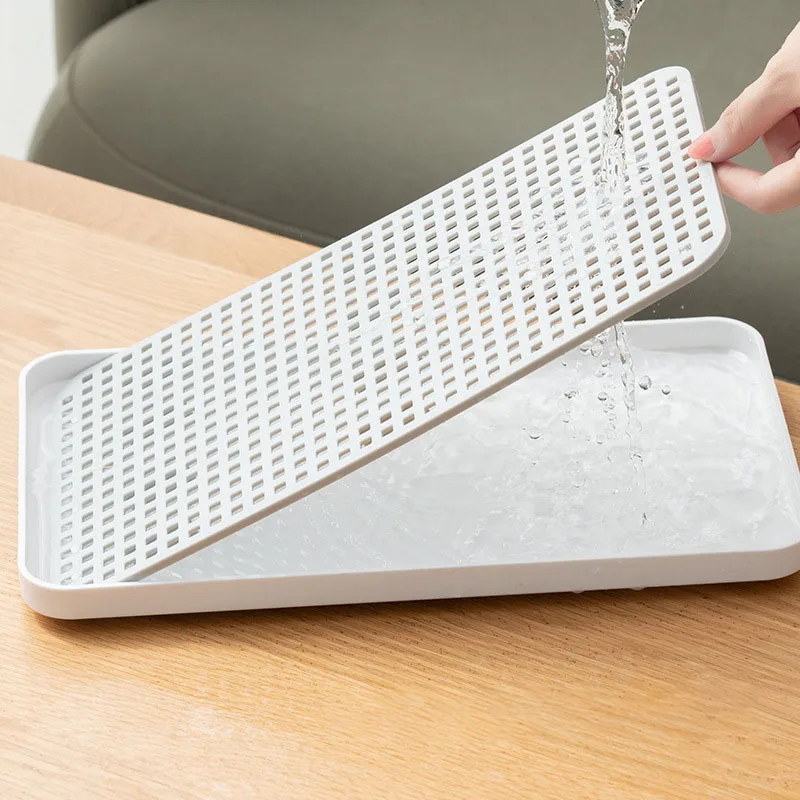 Hot Fruit Dryer Tray Rectangle Tableware Dish Racks Plastic Double-Layer Bowl Tray Drainage Sink Drying Rack.