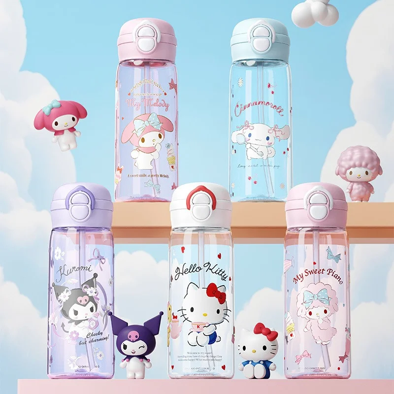 X&W 500ml Sanrio Pop-up Straw Cup Cartoon Kuromi Hello Kitty Plastic Water Bottle Portable Outdoor Sports Cold drink Space Cups