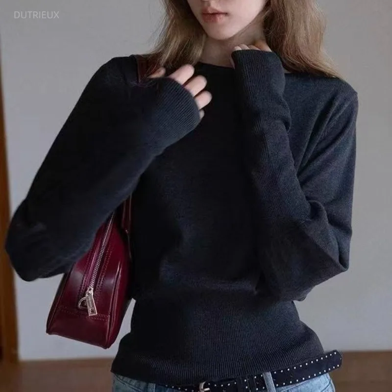 French O Neck Long Sleeve Temperament Pullovers Y2k Aesthetic Solid All Match Basic Women Sweater Harajuku Sweet Punk Clothes