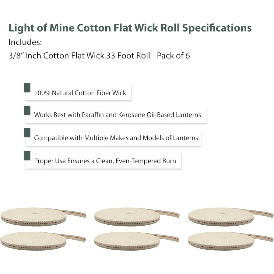 Light of Mine 3, 8 дюймов, 33 фута, 100 хлопковых плоских фитилей для парафинового масла, фонарей на керосине и масляных ламп с натуральной красной палом