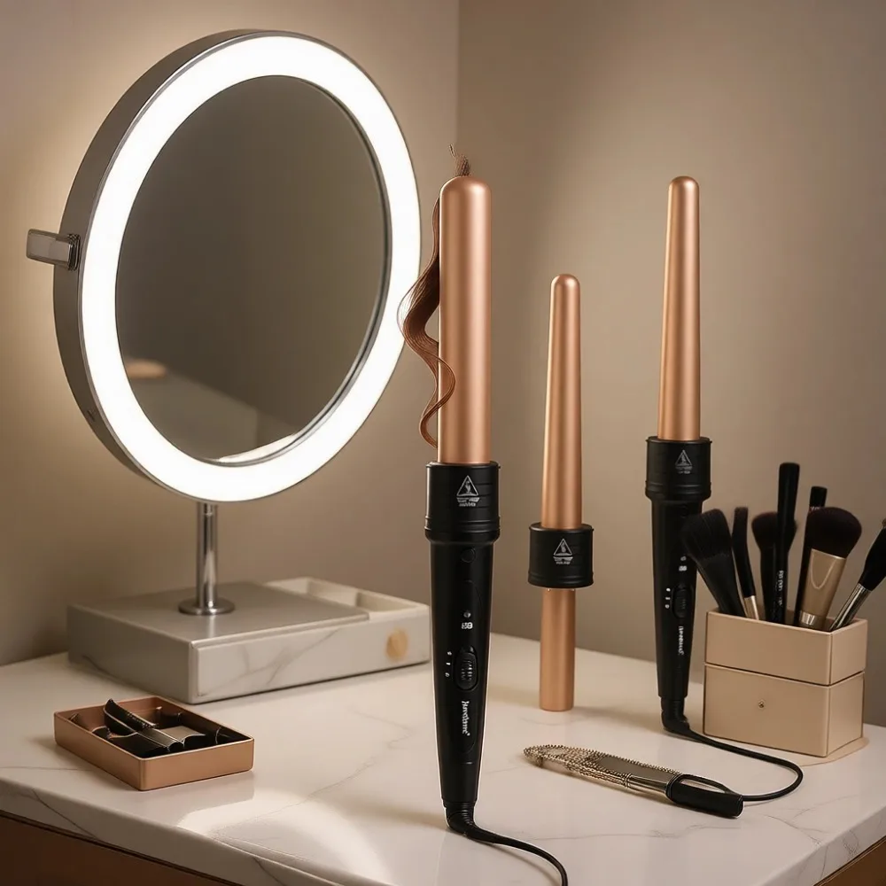 5 in 1 Ceramic Curling Wand Set Adjustable Temperature Dual Voltage Instant Heat with Glove and Clips