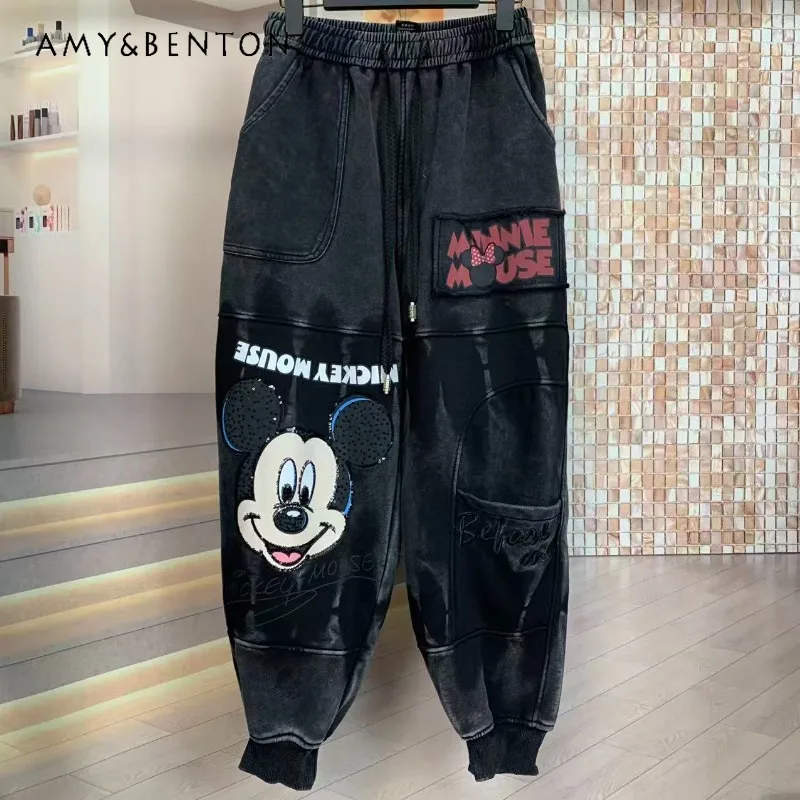 تنوعا الحريم السراويل شتاء جديد Y2k Kawaii الصوف مبطن الجينز الصناعة الثقيلة غسل الكرتون فضفاض التخسيس بنطال رياضي غير رسمي #3
