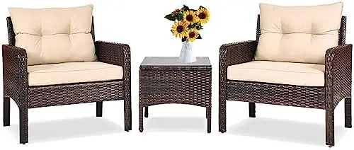 3-Piece Outdoor Rattan Wicker Patio Set with Cushions, Glass Top Coffee Table, Brown