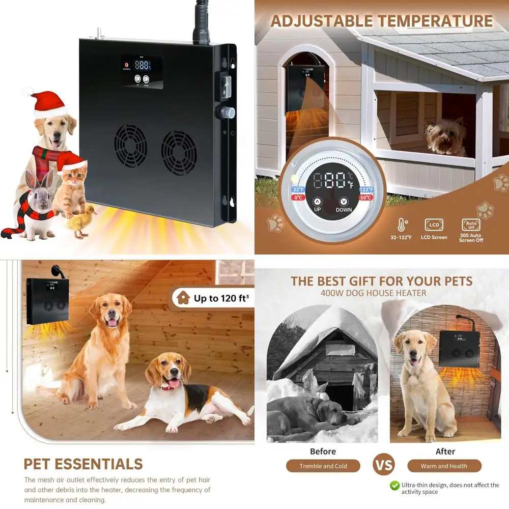 

Dog House Heater 400W PTC Fast Heating, Adjustable 32-122°F, 11.5FT Chew-Resistant Cord, Ideal for Pets