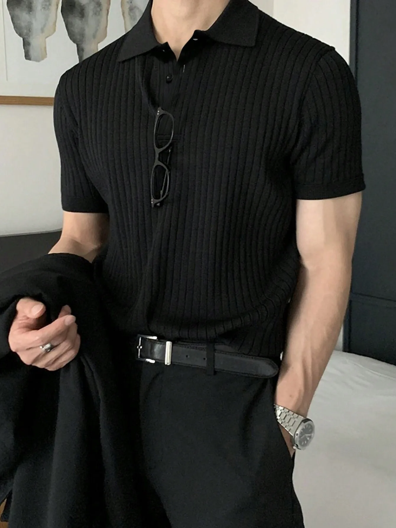 

Men's Black Ribbed Knit Short Sleeve Polo Shirt with Half Placket Collar