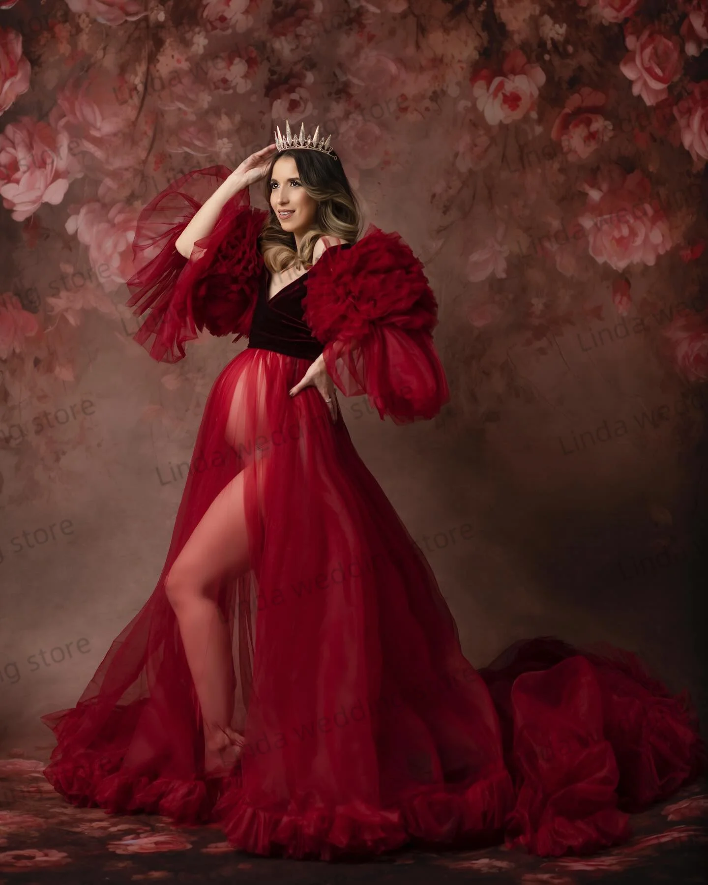 Vestido de maternidad rojo oscuro con ilusión para mujer, elegante vestido de tul fruncido con abertura y volantes para Sesión de embarazo y Baby Shower