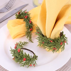 6Pcs Christmas Napkin Rings Xmas Wreath Red Berries Napkin Holder Buckle Table Decoration For Holiday Party Dinner Banquet