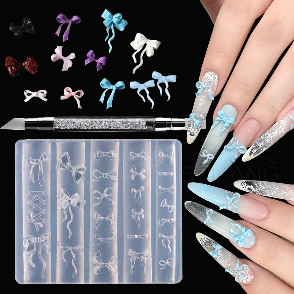 

2pcs 3D Carving Bowknot Nail Molds Clear Silicone Ribbon Bow Charms Nail Template for DIY Sculpture Bowtie Nail Art Stencil Tool