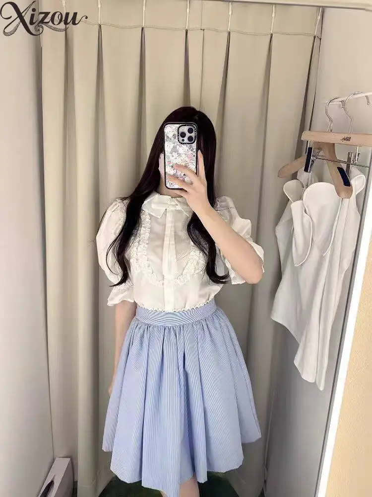 2026 Summer Japanese Sweet High Waist A-line Skirt Women Solid Color Ruffled Hem Mini Skirt Cute Casual Office Lady Bottom