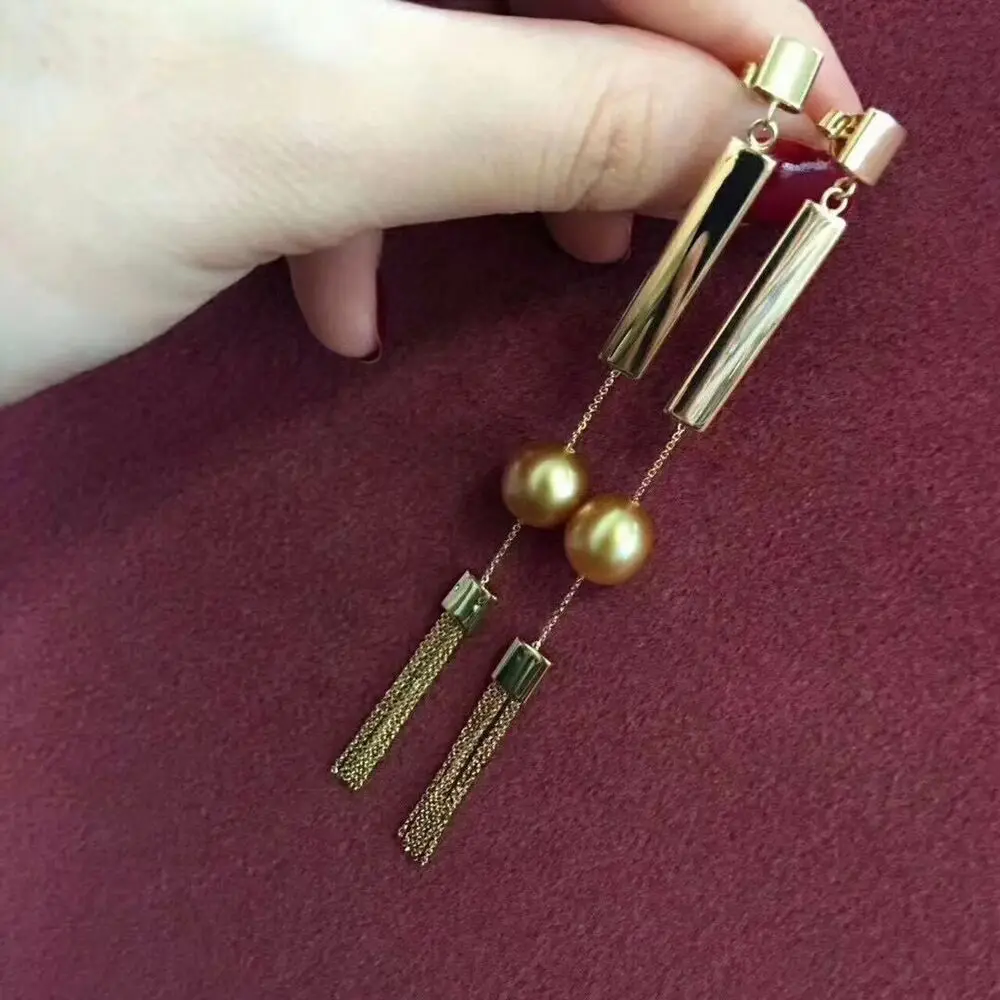 

gorgeous 10-11mm south sea round gold pearl dangle earring 925s