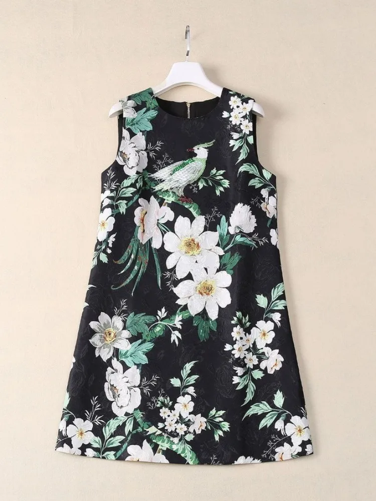 Vrouwtjes Zomer Pailletten Glanzende Bloemenprint Jurk O-hals Boven Knielengte Zonnejurk Mouwloze Dunne Papegaai Plant Bloemen Jurken