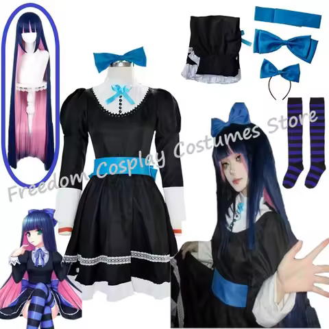 Anime Panty &amp; Stocking with Garterbelt Younger Sister Anarchy Stocking Cosplay Costume Wig Gothic Maid Lolita Dress Long Socks
