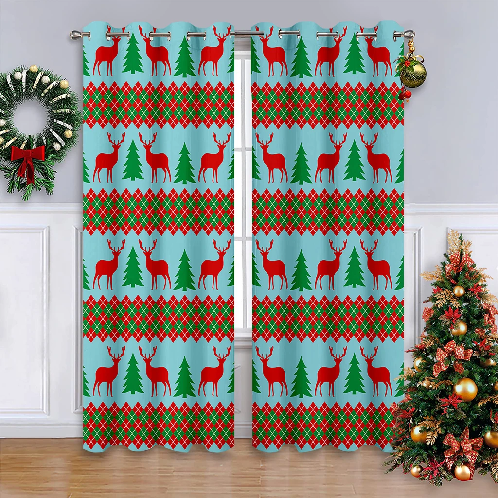 2pcs Curtains With Reindeer And Christmas Tree Print, 100% Polyester, Festive Christmas Decor, Gift For Kids