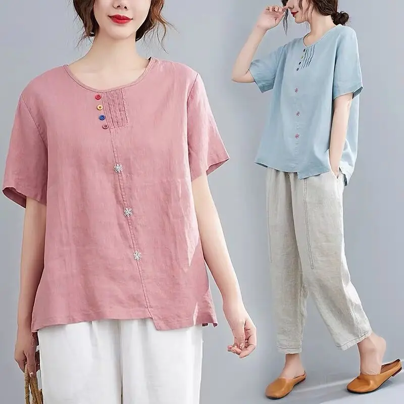 Cotton Linen Summer Blouses Woman Elegant Blouse Top Female Vintage Clothing Short sleeve Casual Tee Shirt Ladies 2023