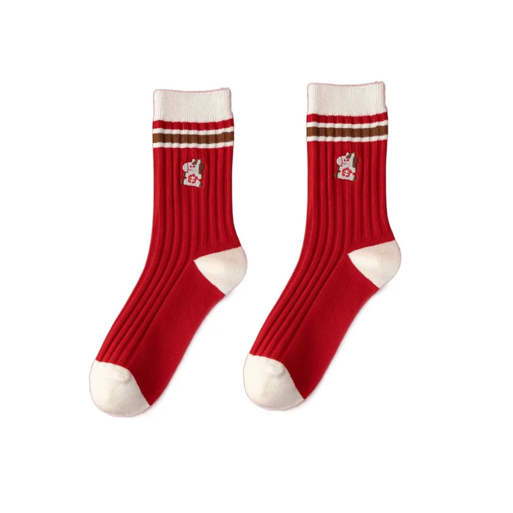 

5 пар удобных полосатых новогодних носков-трубочек, красные хлопковые носки до середины икры с рисунком лошади, женские красные хлопковые носки с надписью «Удача»