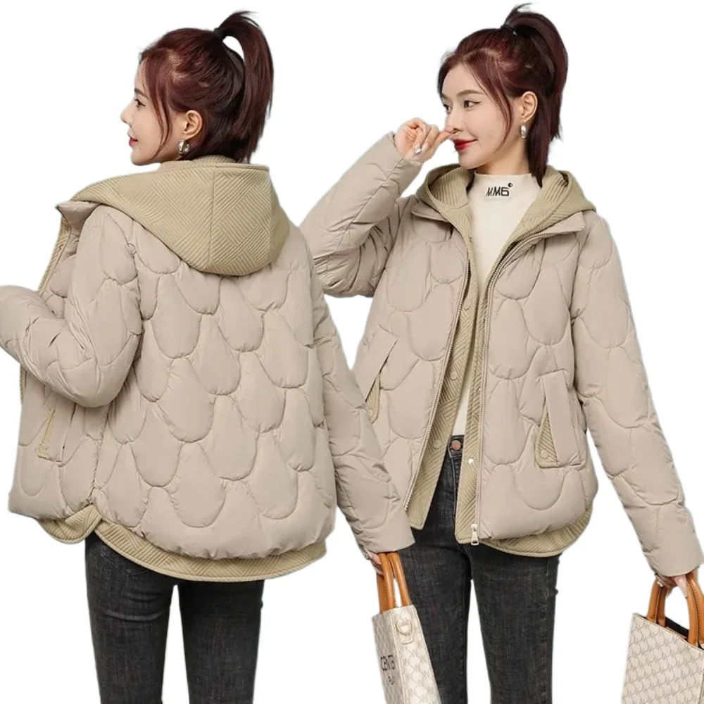 مقنعين سترة وهمية قطعتين أسفل ملابس قطنية المرأة الجديدة قصيرة المموج لدغ سميكة الدافئة القطن وسادة مبطنة معطف خارجي سيدة