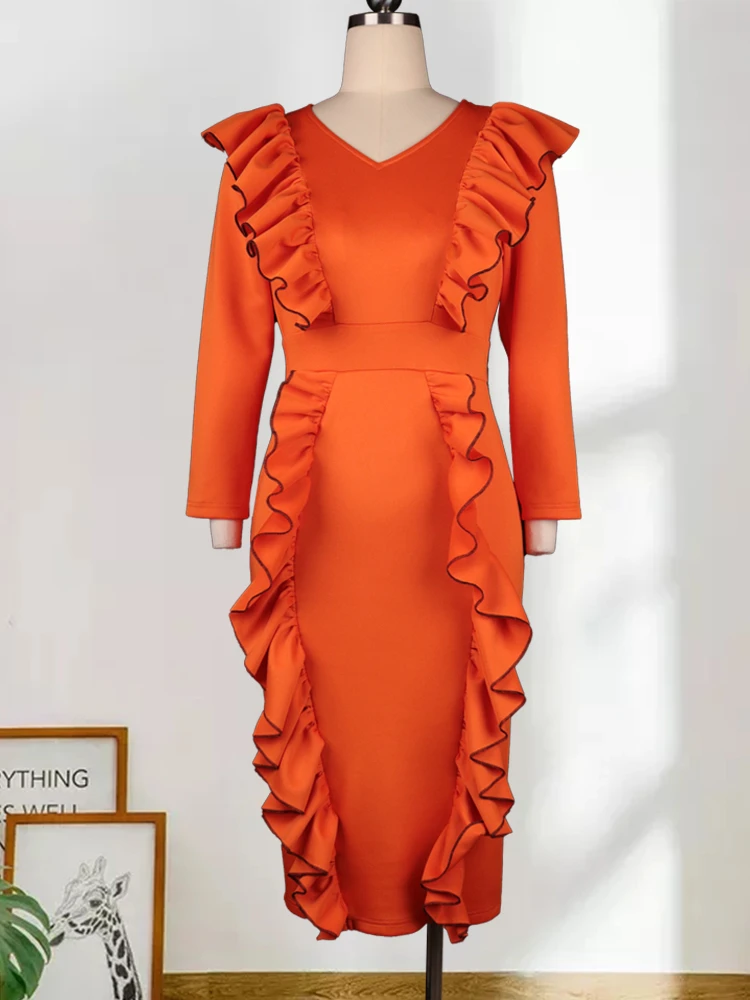 ONTINVA Plus Size Dresses Women Orange V Neck Long Sleeve Ruffles High Waist Bodycon Elegant Ladies Evening Event Party Gowns